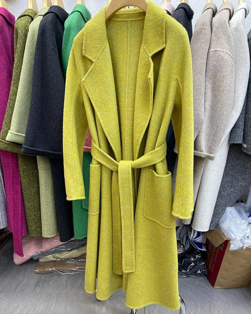 Winter Belted Long Wool Coat Elegant Handmade Overcoat Long Cashmere Coat for Women