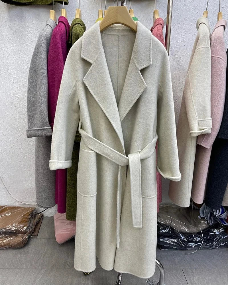 Winter Belted Long Wool Coat Elegant Handmade Overcoat Long Cashmere Coat for Women