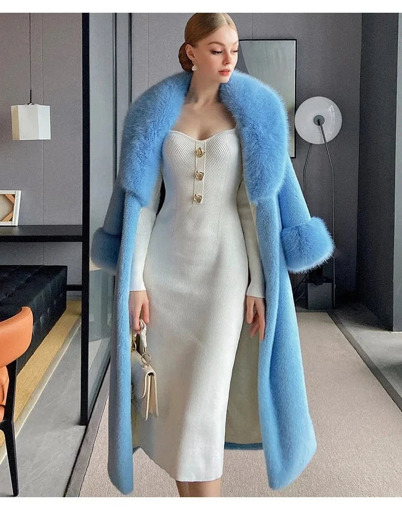 Winter Fashion 2022 Plus Size warm Mink Fur Trench Long Coat With Fur Lapel and Cuff Faux Fur Trim Jacket For Women Winter Coat