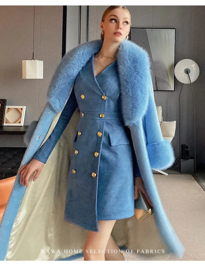 Winter Fashion 2022 Plus Size warm Mink Fur Trench Long Coat With Fur Lapel and Cuff Faux Fur Trim Jacket For Women Winter Coat
