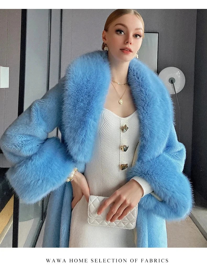 Winter Fashion 2022 Plus Size warm Mink Fur Trench Long Coat With Fur Lapel and Cuff Faux Fur Trim Jacket For Women Winter Coat