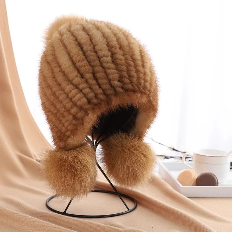 Winter fashion earflap pom ball women knitted mink fur hats