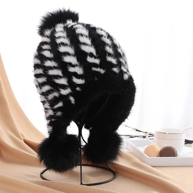 Winter fashion earflap pom ball women knitted mink fur hats