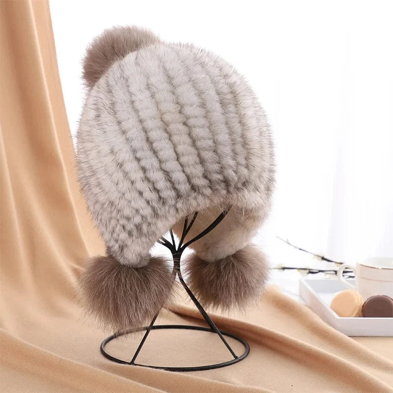 Winter fashion earflap pom ball women knitted mink fur hats
