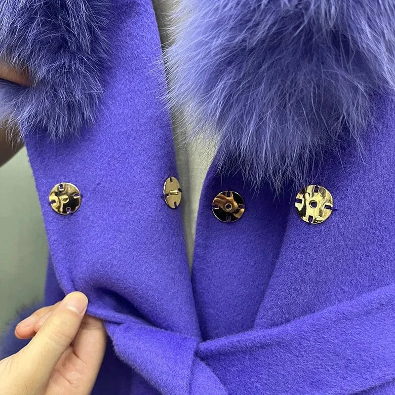Winter Long Wool Coats Women Luxury Belted Cashmere Coat with Real Fox Fur Collar Cuffs