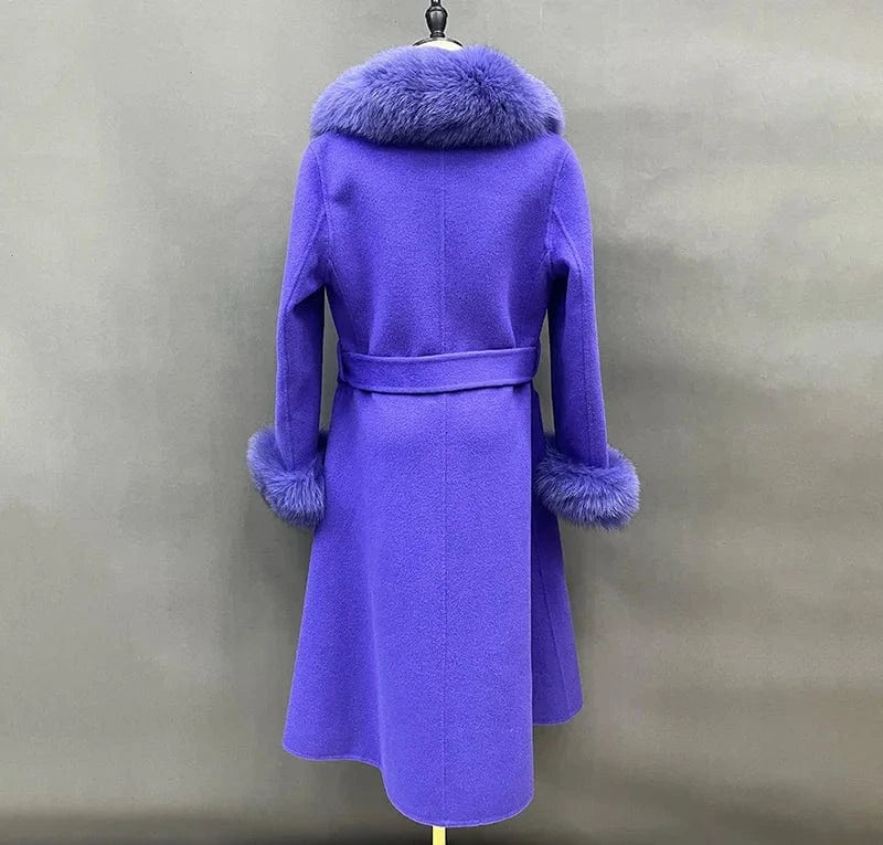 Winter Long Wool Coats Women Luxury Belted Cashmere Coat with Real Fox Fur Collar Cuffs