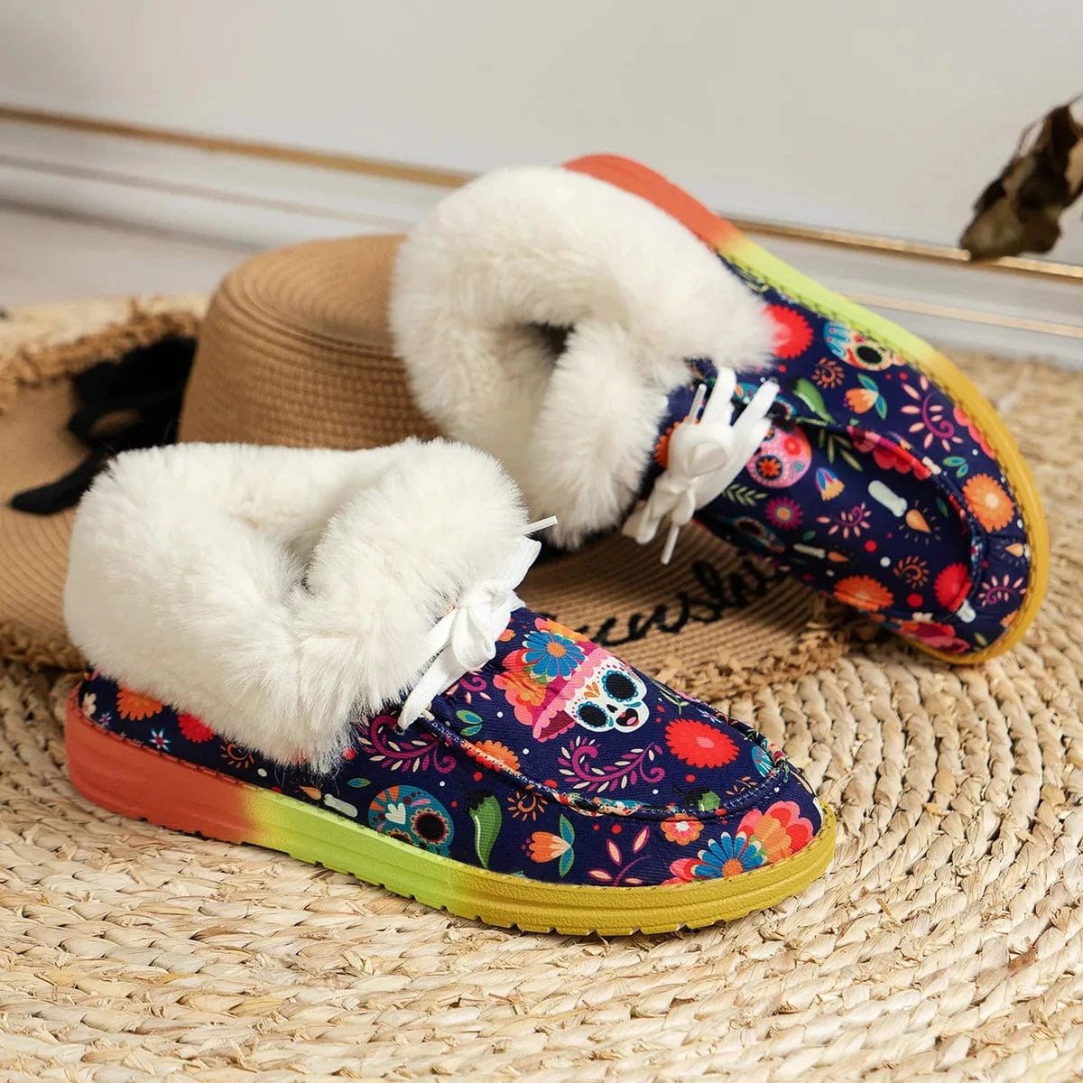 Winter New Furry Women Boots Snow Boots Plush Cotton Shoes Women 2023 Christmas Skull Print Thickened Warm Flat Shoes