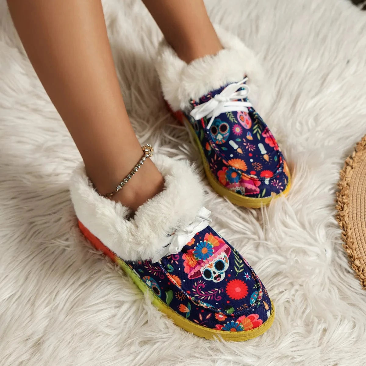 Winter New Furry Women Boots Snow Boots Plush Cotton Shoes Women 2023 Christmas Skull Print Thickened Warm Flat Shoes