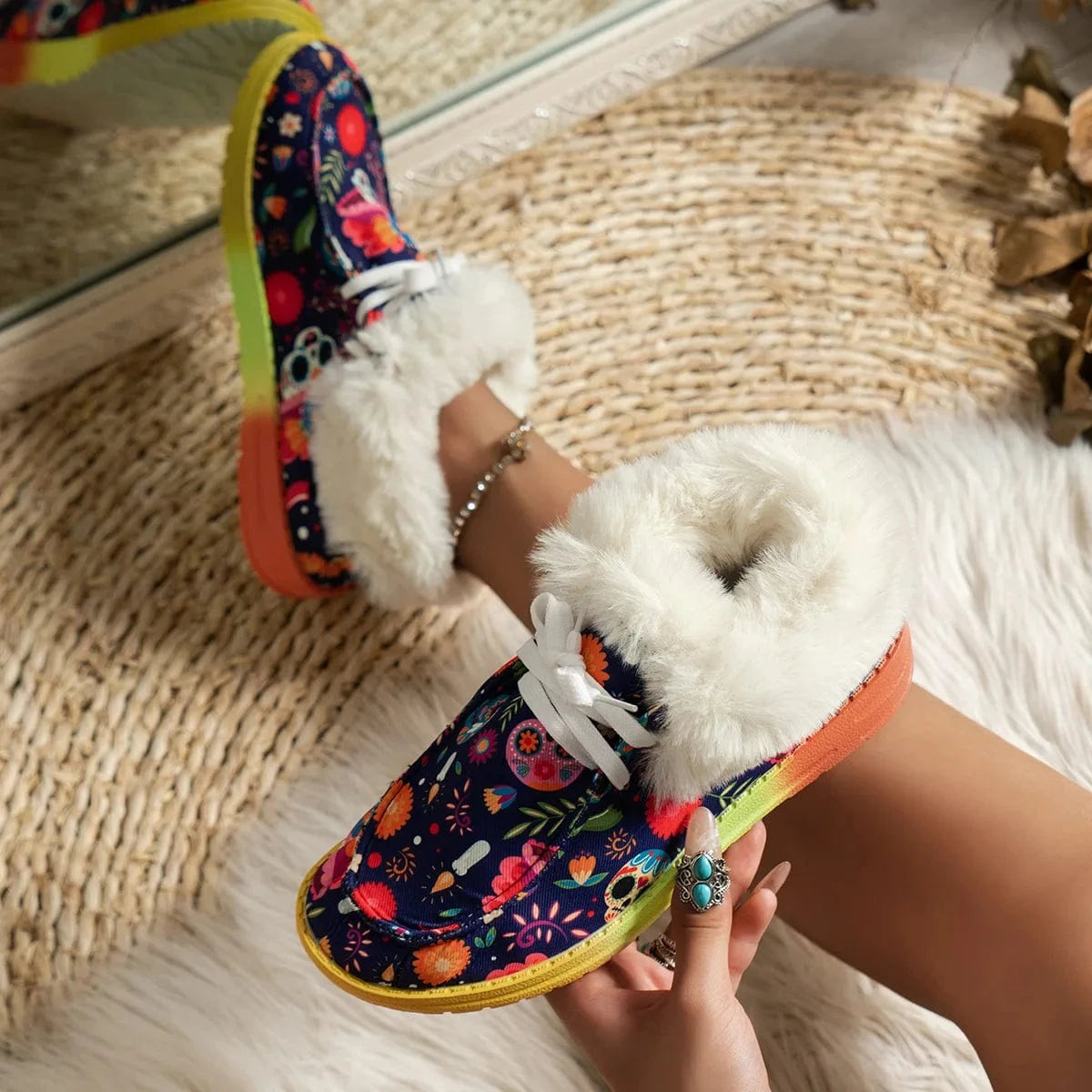 Winter New Furry Women Boots Snow Boots Plush Cotton Shoes Women 2023 Christmas Skull Print Thickened Warm Flat Shoes