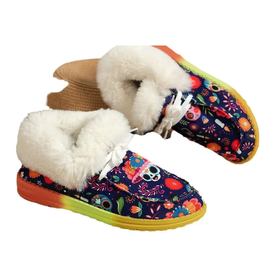 Winter New Furry Women Boots Snow Boots Plush Cotton Shoes Women 2023 Christmas Skull Print Thickened Warm Flat Shoes