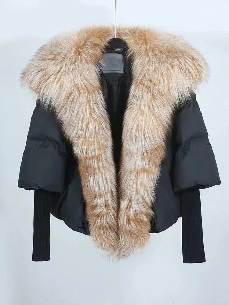 Winter New Women Puffer Down Jacket Ladies Real Fur Coat Short Silver Fox Fur Collar Trim Duck Down Coat