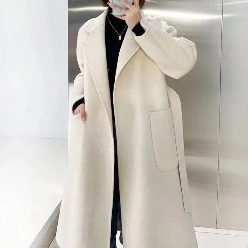 Winter Oversized Long Wool Coat Women Pink Double Faced Cashmere Coat with Belt