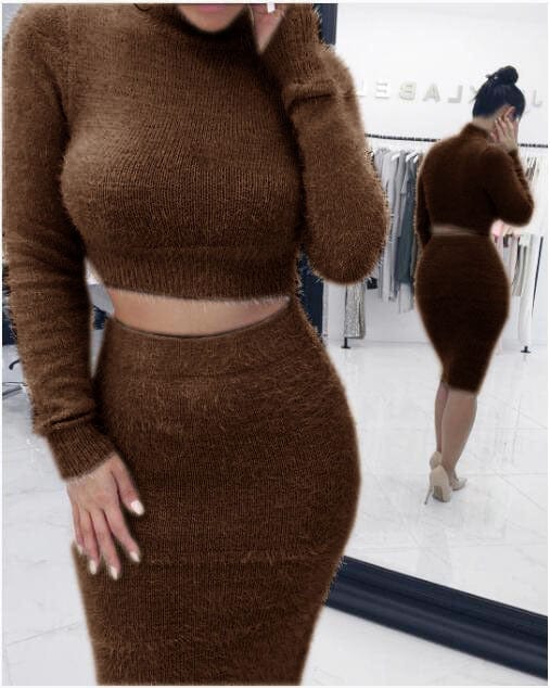 winter Pure color turtleneck long sleeve plush crop top female two piece sweater skirt for women