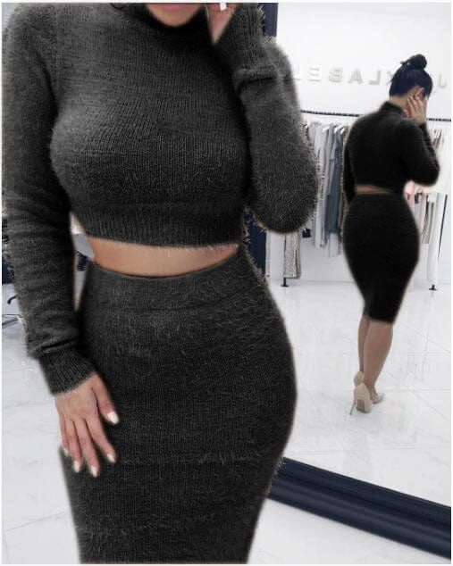 winter Pure color turtleneck long sleeve plush crop top female two piece sweater skirt for women