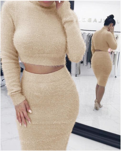 winter Pure color turtleneck long sleeve plush crop top female two piece sweater skirt for women