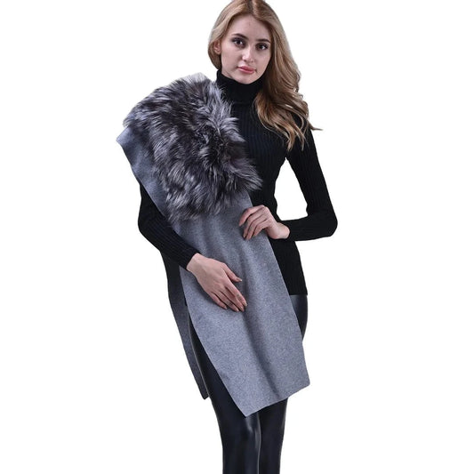 Winter Spring Autumn new arrival grey winter pashmina scarf luxury fashion  women wool shawl with fox fur
