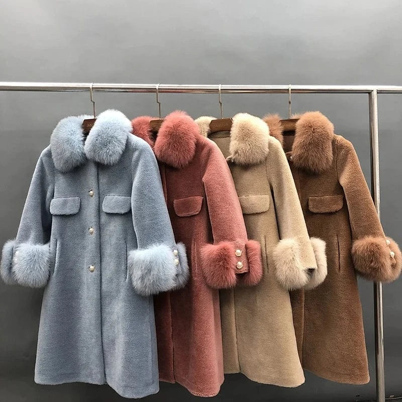 Winter warm genuine fox fur collar and cuff women real sheep shearling coat
