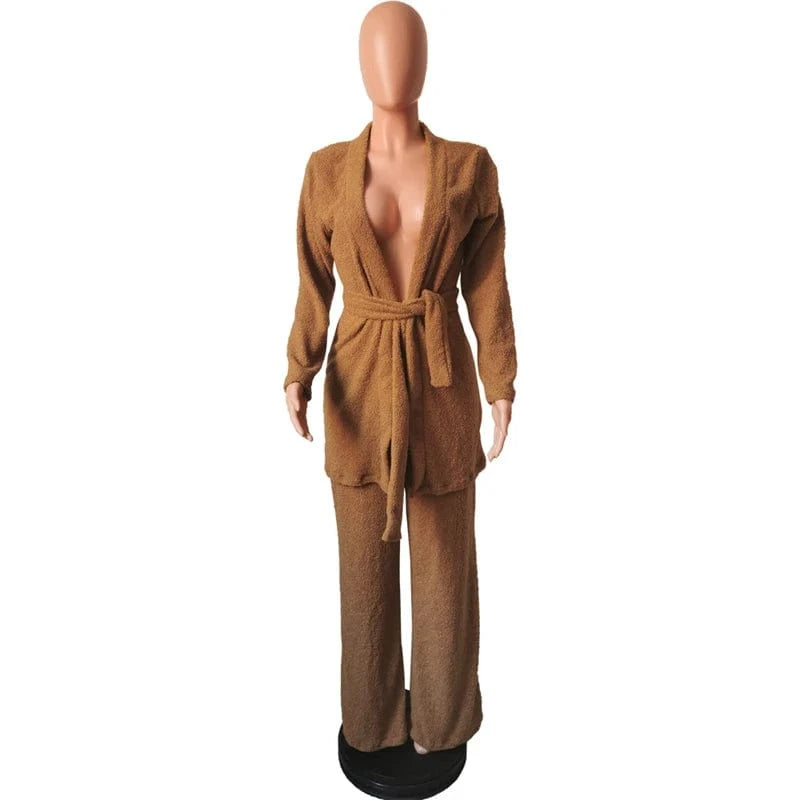 winter warm soft comfy flannel fleece two 2 piece long cardigan and pants set pajamas homewear clothing clothes for women winter