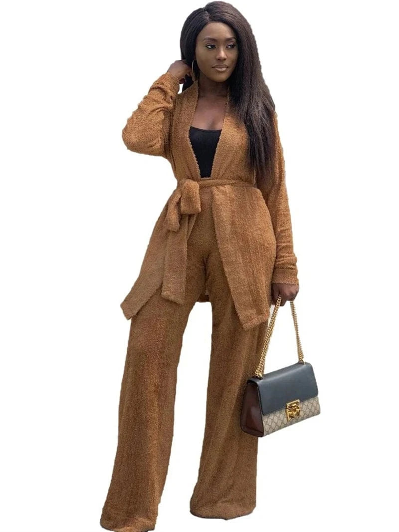 winter warm soft comfy flannel fleece two 2 piece long cardigan and pants set pajamas homewear clothing clothes for women winter