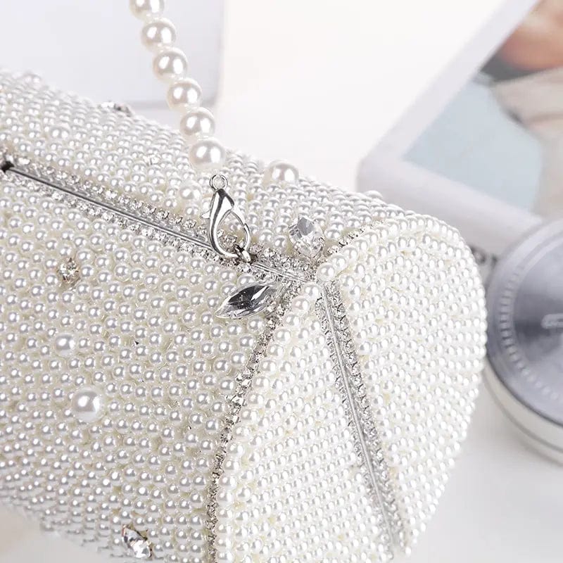 Winter White Light Luxury High Quality Rhinestone Handbag For Women With Handmade Stick Pearl Cylinder Plated Silver Handbag With Evening Bag