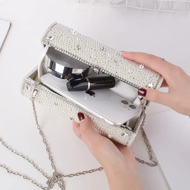 Winter White Light Luxury High Quality Rhinestone Handbag For Women With Handmade Stick Pearl Cylinder Plated Silver Handbag With Evening Bag