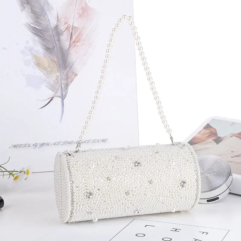 Winter White Light Luxury High Quality Rhinestone Handbag For Women With Handmade Stick Pearl Cylinder Plated Silver Handbag With Evening Bag