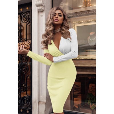 Woman Spring Dress Long Sleeve Party Dress Deep V Neck Bodycon Dresses Fashion Black White Color Matching Office Lady Bodycon