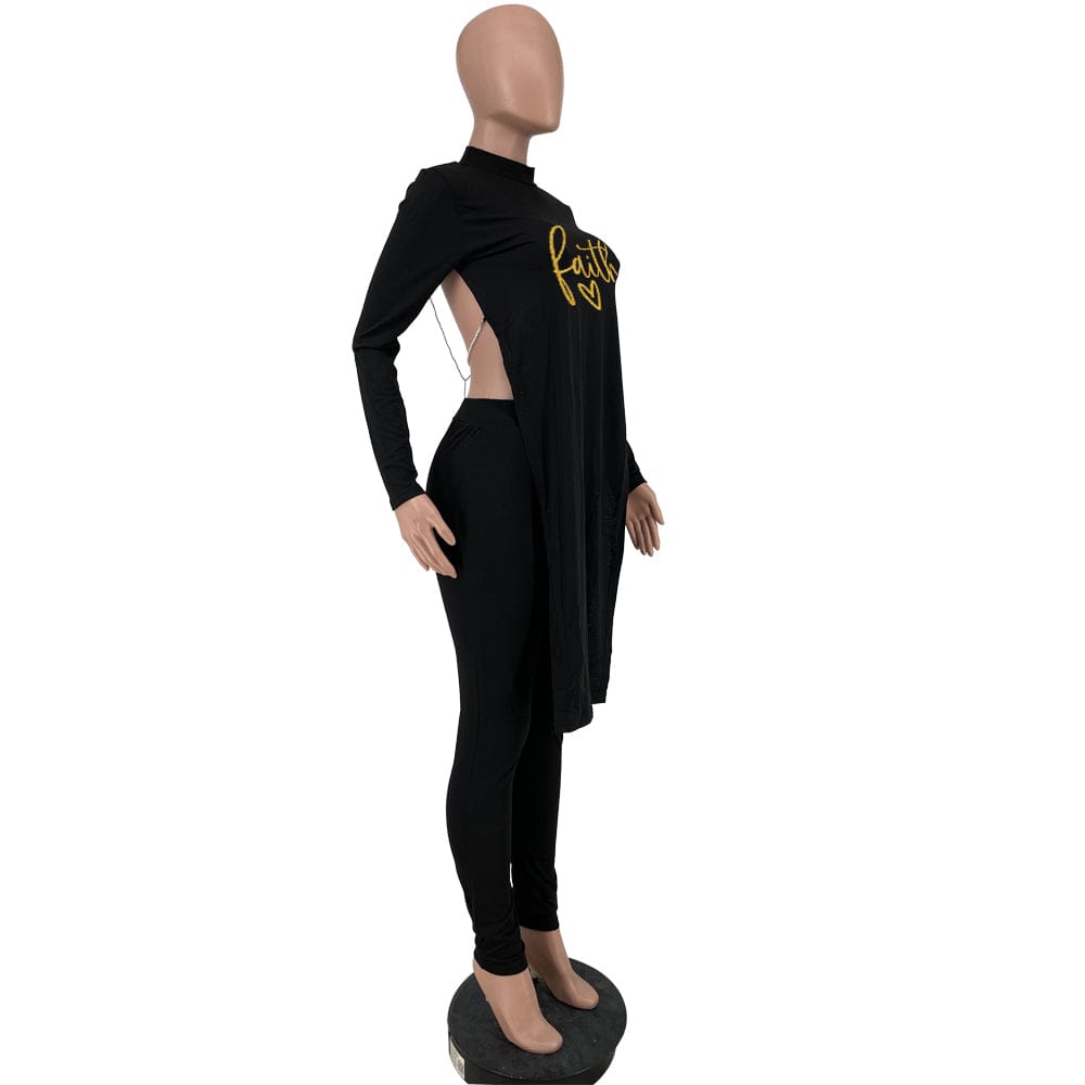 Woman Top Fashion Casual Printed Split Joint Slit O Neck Long Sleeve Two Pieces