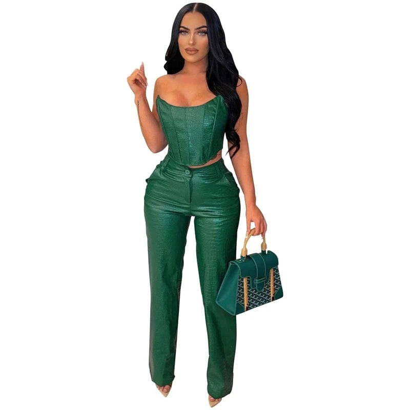 women 2024 new arrivals sexy faux pu leather tube top and pants 2pc 2 two piece set clothing clothes outfit for women ladies