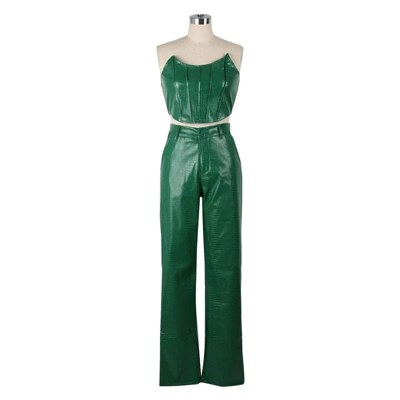 women 2024 new arrivals sexy faux pu leather tube top and pants 2pc 2 two piece set clothing clothes outfit for women ladies
