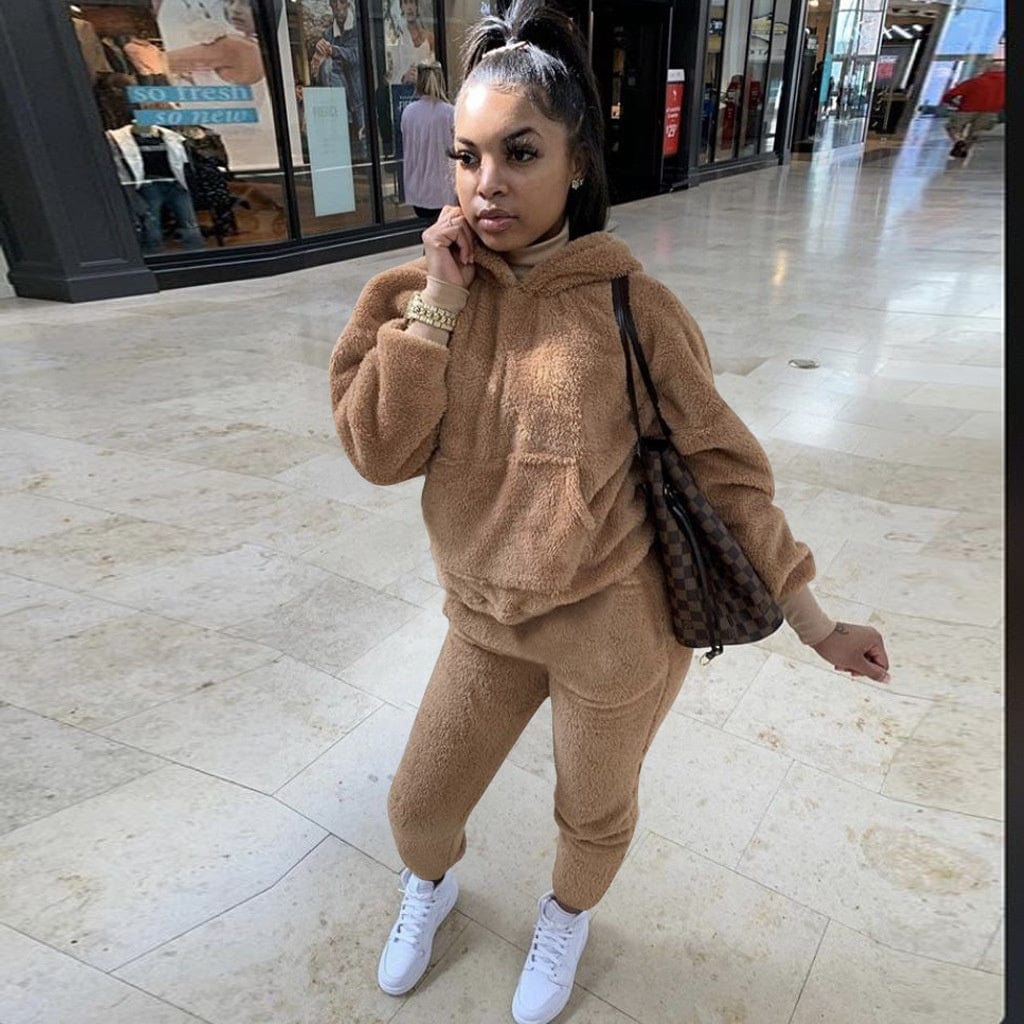 Women 2pc Set Winter Two Piece Pants Set Solid Color Plush Lounge Wear Hoodie Two-Piece Trouser Suit Women Winter Set