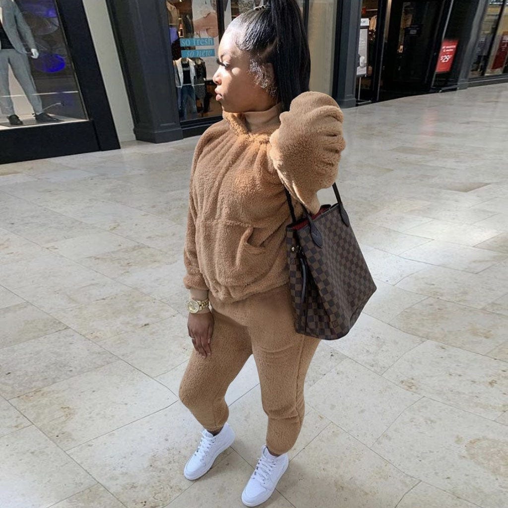 Women 2pc Set Winter Two Piece Pants Set Solid Color Plush Lounge Wear Hoodie Two-Piece Trouser Suit Women Winter Set