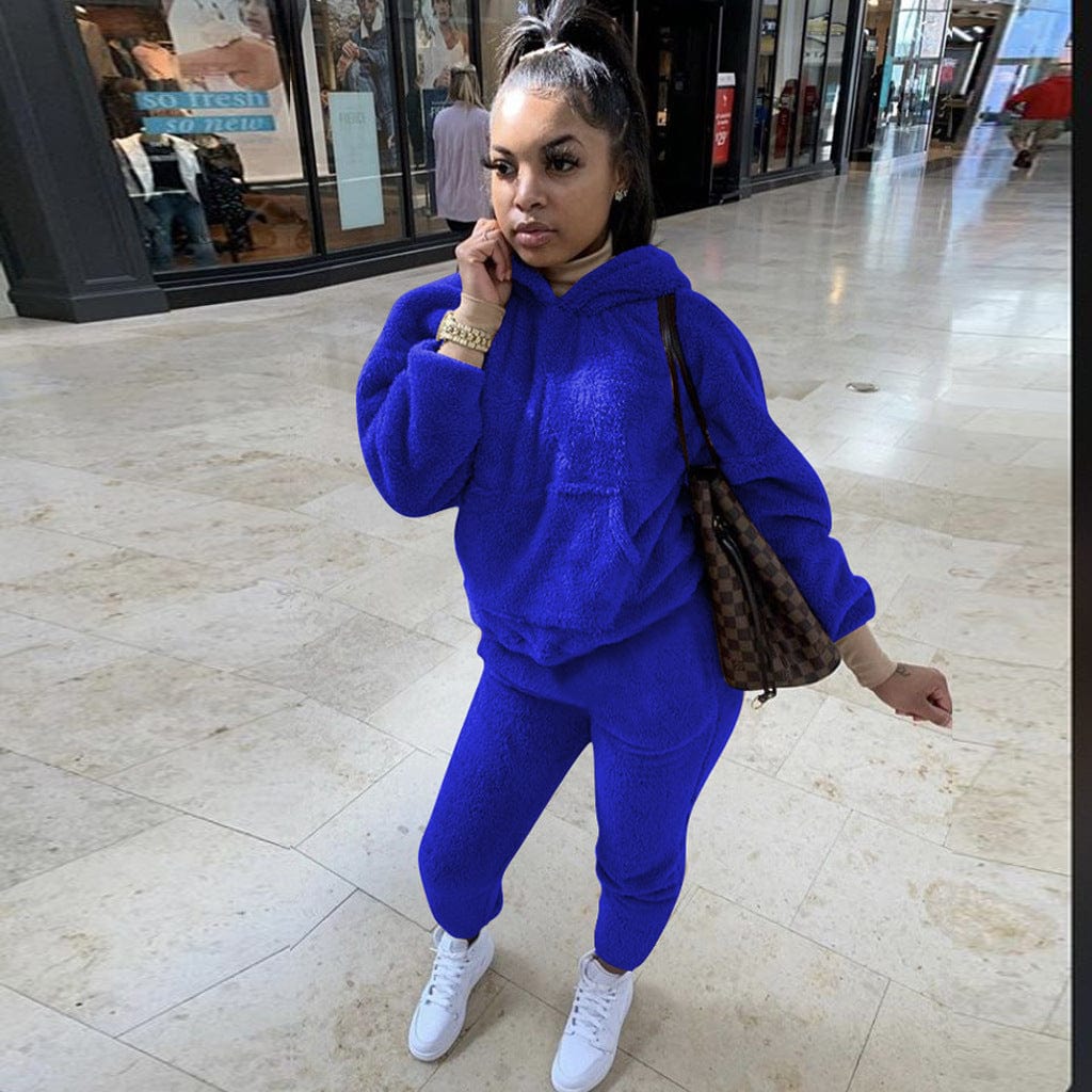 Women 2pc Set Winter Two Piece Pants Set Solid Color Plush Lounge Wear Hoodie Two-Piece Trouser Suit Women Winter Set