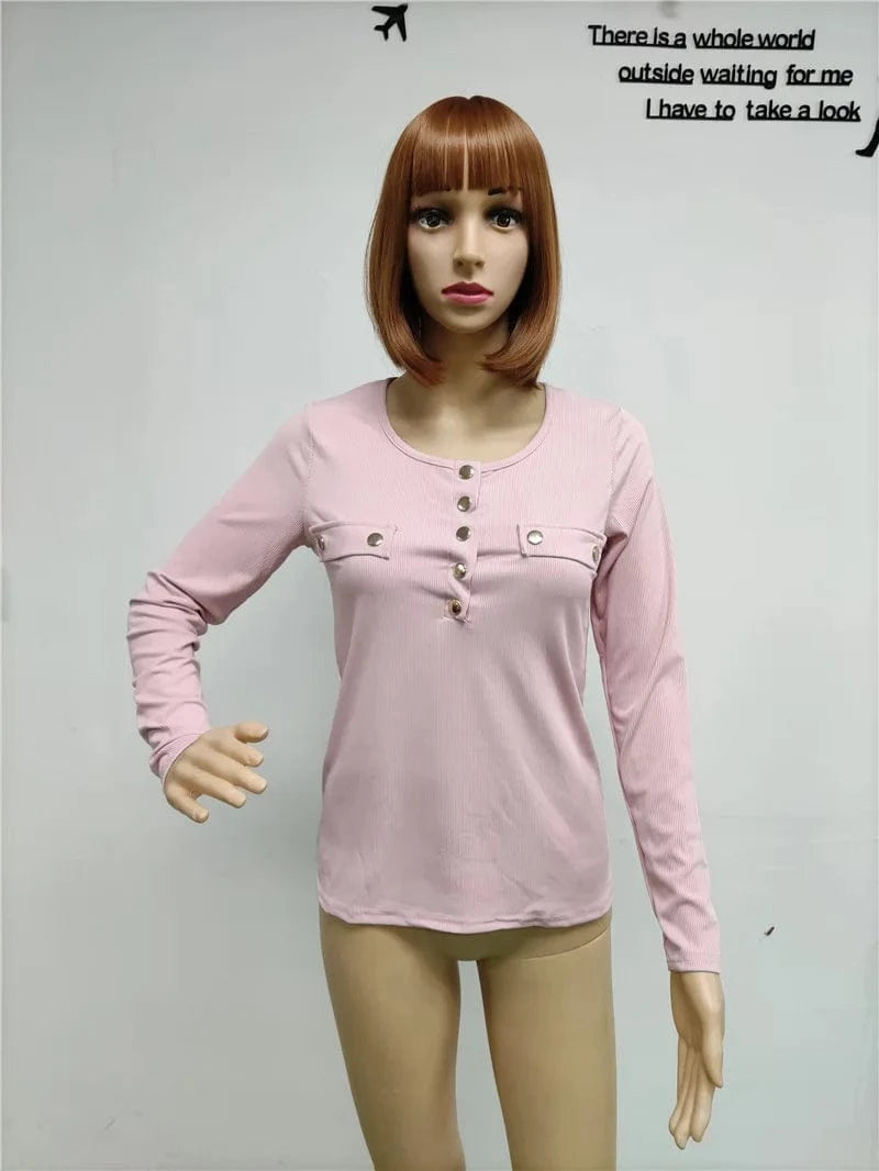 Women Autumn Casual Solid Color Long Sleeve V Neck Knitted Sweater Button Up Tops Plus Size T-Shirts