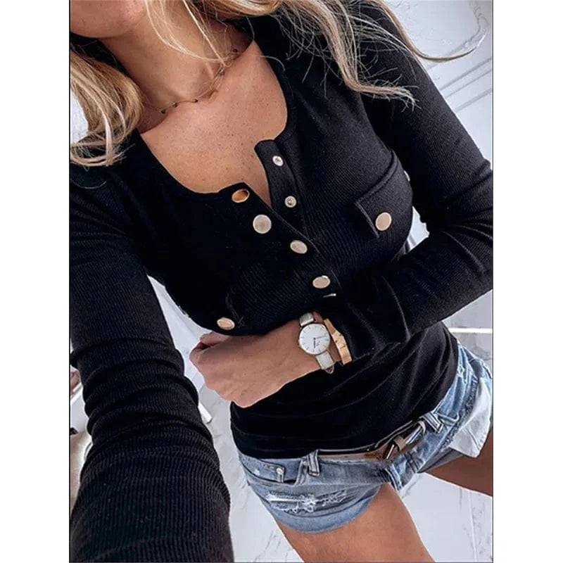 Women Autumn Casual Solid Color Long Sleeve V Neck Knitted Sweater Button Up Tops Plus Size T-Shirts