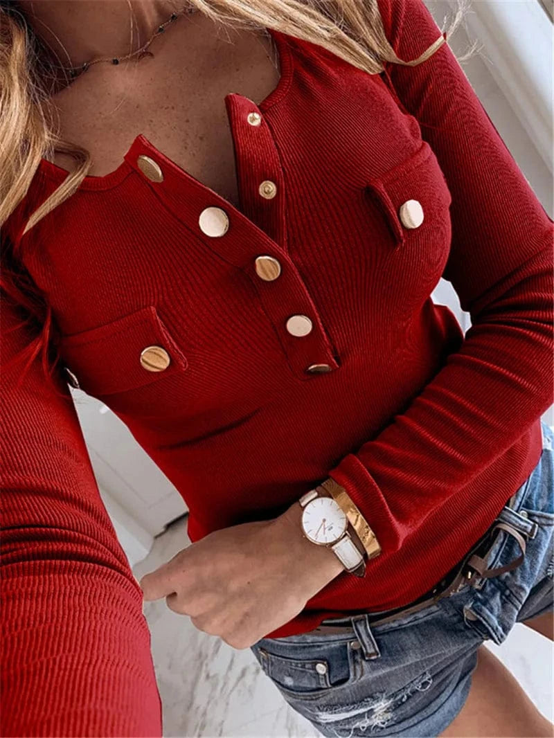 Women Autumn Casual Solid Color Long Sleeve V Neck Knitted Sweater Button Up Tops Plus Size T-Shirts