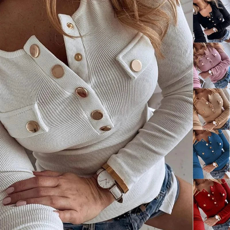 Women Autumn Casual Solid Color Long Sleeve V Neck Knitted Sweater Button Up Tops Plus Size T-Shirts