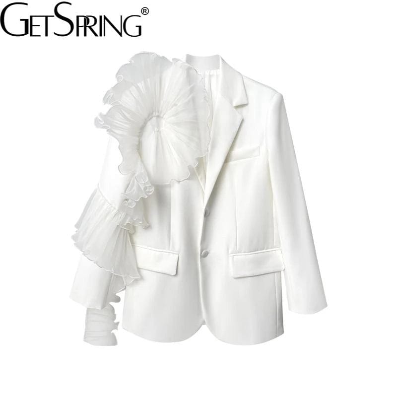 Women Blazer Asymmetry Ruffle Patchwork White Long Blazers And Jackets irregular Vintage Casual Suit Coats New