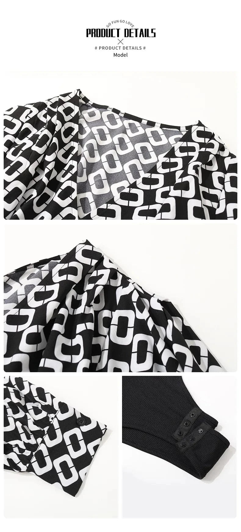 Women Blouse Boho Black And White Lantern Long-Sleeved V-Neck Stylish Printed Tops