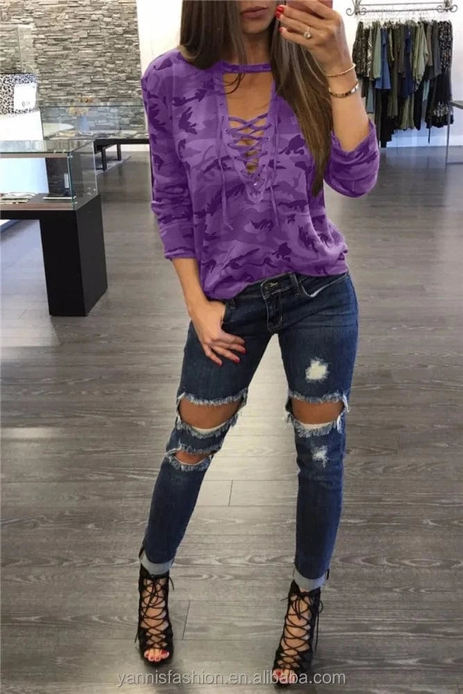 Women Camouflage Shirt Cyan Style Long Sleeve Bust Tie up Halter Neck Blouses Camisa Masculina Loose Blouse ESY2068