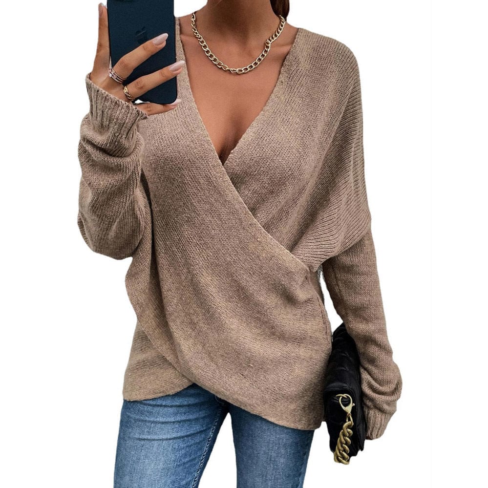 Women Casual autumn winter loose outerwear women's knitted Sexy Deep V Neck Irregular Sweater Long Sleeve Tops 14 colors xxxl