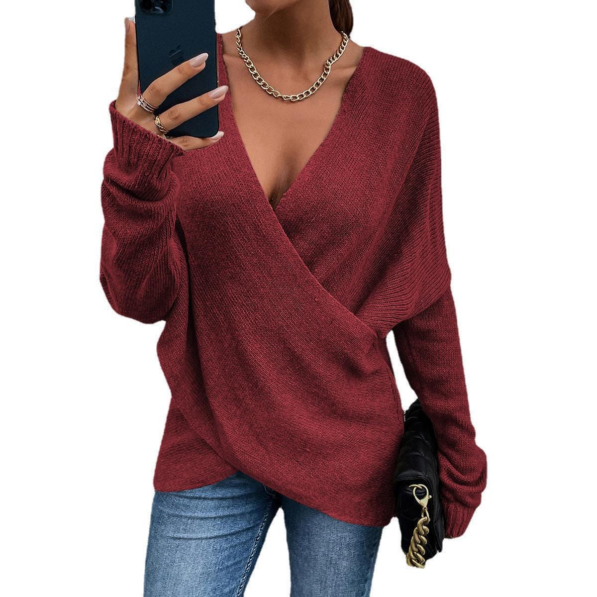 Women Casual autumn winter loose outerwear women's knitted Sexy Deep V Neck Irregular Sweater Long Sleeve Tops 14 colors xxxl
