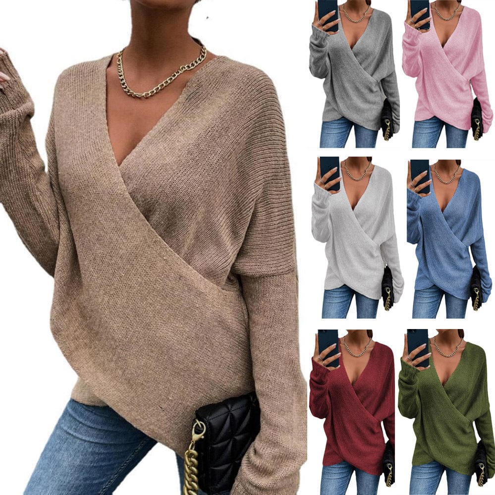 Women Casual autumn winter loose outerwear women's knitted Sexy Deep V Neck Irregular Sweater Long Sleeve Tops 14 colors xxxl