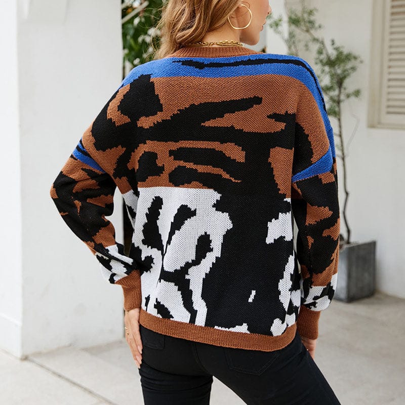 Women Casual Round Collar Tiger Stripe Pullover Sweater Tops Ladies Simple Drop-Shoulder Sleeve Daily Knit Jumper