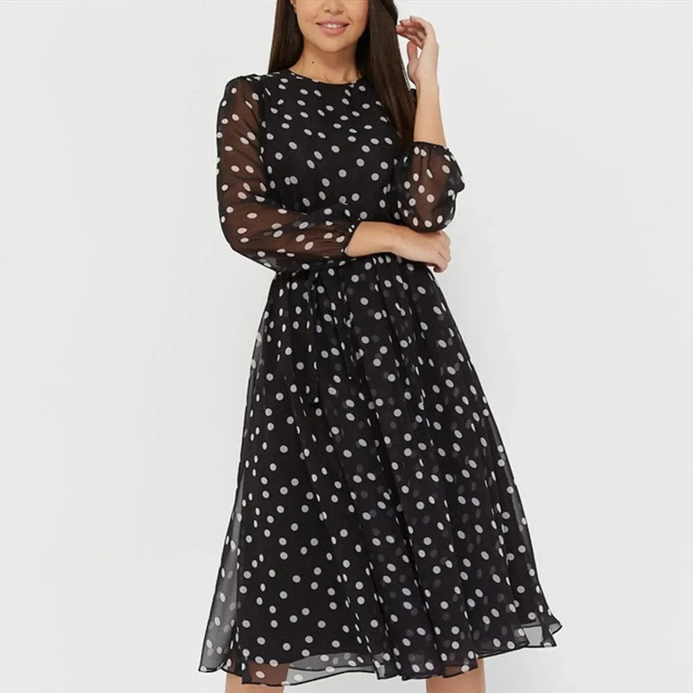 Women Chiffon Dresses Polka Dot Midi Dress Crew Neck Sexy Long Sleeve Temperament Women Office Dress