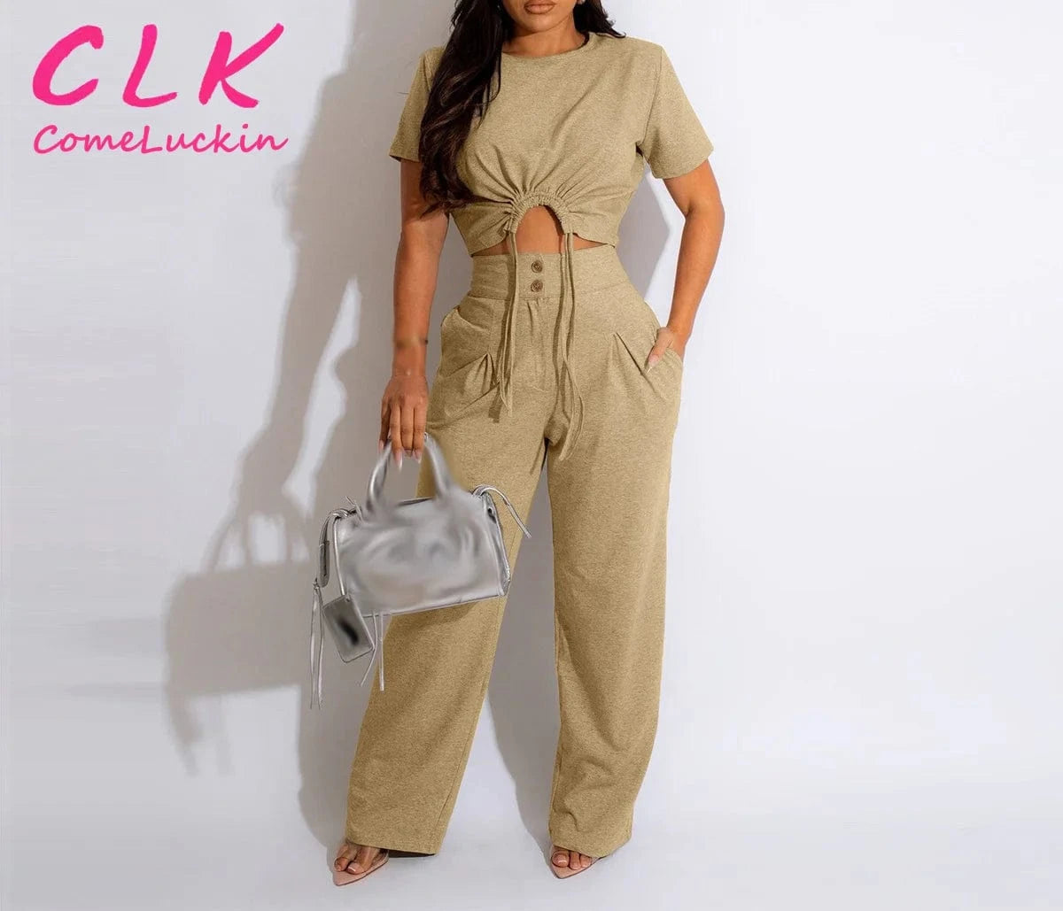 Women Clothes Trendy Women's Clothing Match Casual Custom Logo Short Sleeve T Shirt Top Wide Leg Pants Two Piece Ladies Set