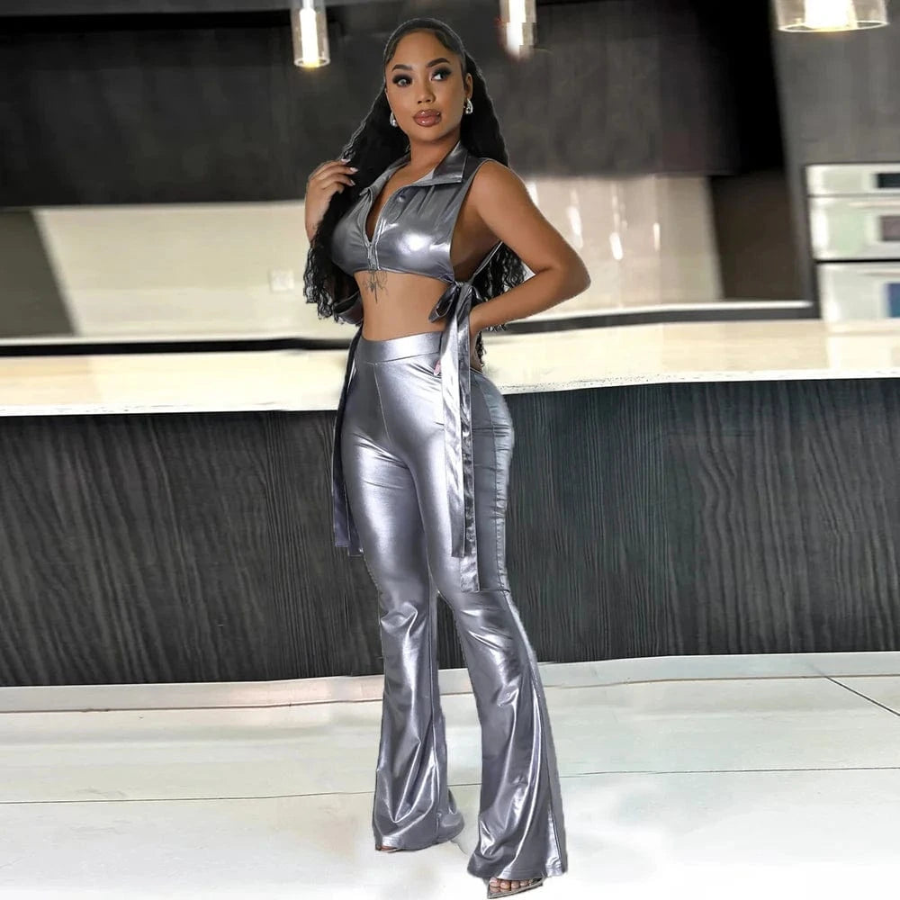 Women clothing sets sexy vest 2 pcs pu leather pants sets with top and wide pants
