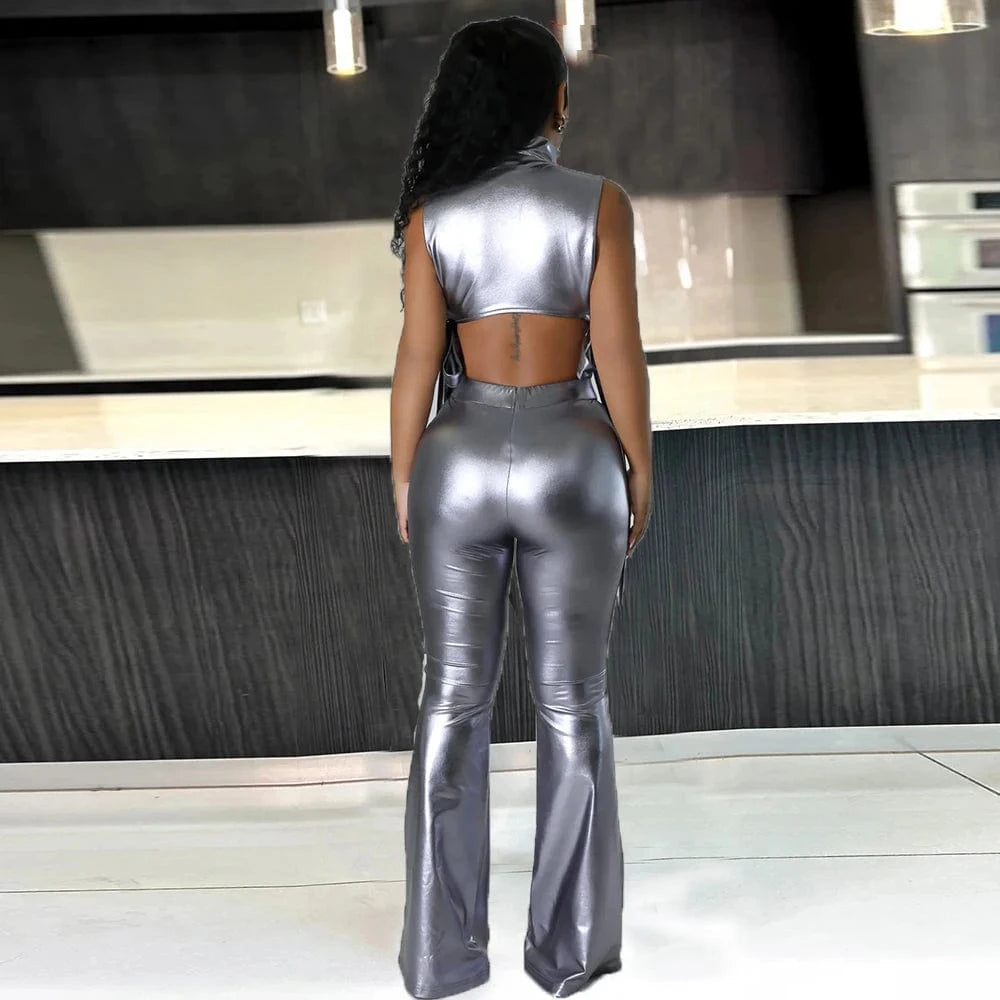 Women clothing sets sexy vest 2 pcs pu leather pants sets with top and wide pants