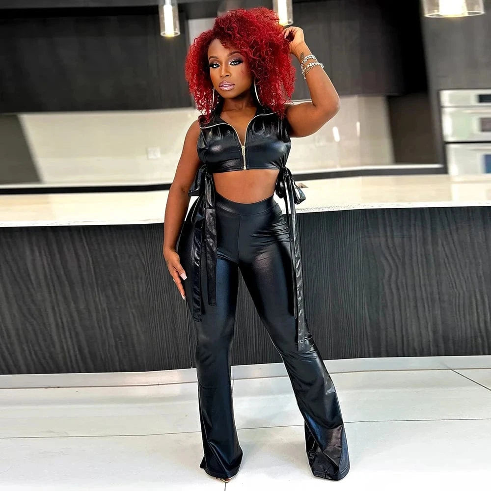 Women clothing sets sexy vest 2 pcs pu leather pants sets with top and wide pants