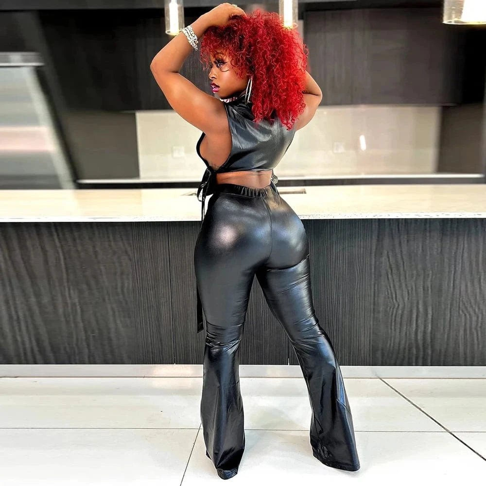 Women clothing sets sexy vest 2 pcs pu leather pants sets with top and wide pants